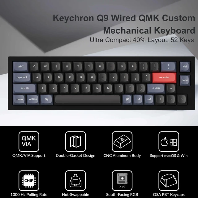 Alt view image 2 of 7 - Keychron Q9 52-Key 40% Layout Enthusiast Mechanical Keyboard (Wired) QMK/Launcher Programmable Layers for Mac/Windows, Hot-Swappable Gateron G Pro Brown Switches, Aluminum Body, RGB, Black