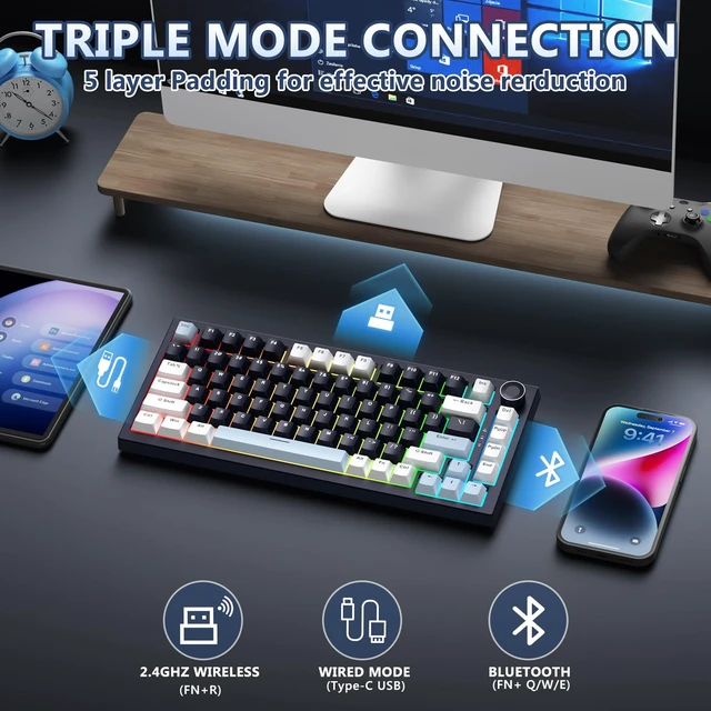 Alt view image 3 of 7 - BlueFinger
75%
Wireless
Mechanical
Gaming
Keyboard
with
Knob,
Navy
Black | Creamy Keyboard, Tri-Mode BT5.0/2.4G/USB-C, Hot-Swap Switches, 8000mAh Battery, PBT Keycaps, RGB Backlit & Gasket Mount