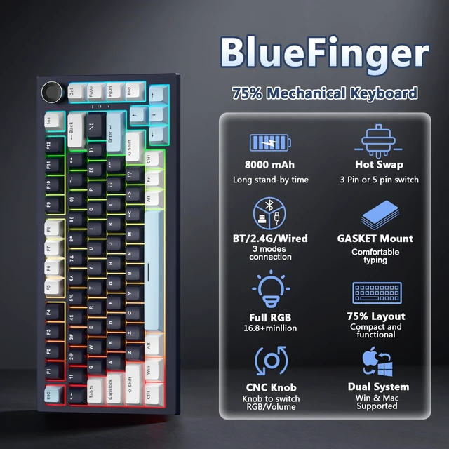 Alt view image 2 of 7 - BlueFinger
75%
Wireless
Mechanical
Gaming
Keyboard
with
Knob,
Navy
Black | Creamy Keyboard, Tri-Mode BT5.0/2.4G/USB-C, Hot-Swap Switches, 8000mAh Battery, PBT Keycaps, RGB Backlit & Gasket Mount