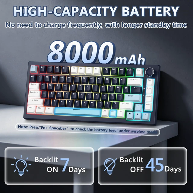 Alt view image 4 of 7 - BlueFinger
75%
Wireless
Mechanical
Gaming
Keyboard
with
Knob,
Navy
Black | Creamy Keyboard, Tri-Mode BT5.0/2.4G/USB-C, Hot-Swap Switches, 8000mAh Battery, PBT Keycaps, RGB Backlit & Gasket Mount