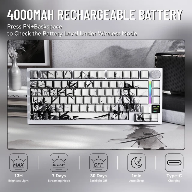 Alt view image 7 of 7 - ATTACK SHARK X820ULTRA Wireless Gaming Mechanical Keyboard with TFT Smart Display&Knob,Side Printed PBT,Gasket Mounted 75% TKL Keyboard,BT5.0/2.4GHz/USB-C,RGB Black Warrior