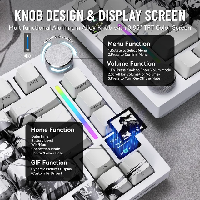 Alt view image 5 of 7 - ATTACK SHARK X820ULTRA Wireless Gaming Mechanical Keyboard with TFT Smart Display&Knob,Side Printed PBT,Gasket Mounted 75% TKL Keyboard,BT5.0/2.4GHz/USB-C,RGB Black Warrior