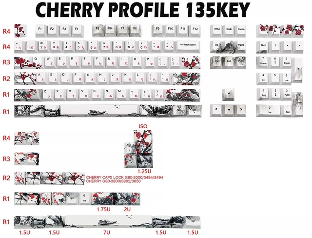Alt view image 6 of 7 - JSJT Plum Blossom Keycaps 135 Keys Japanese Keycaps PBT Custom Keycap Set Cherry Profile Key Caps for US/ISO Layout Cherry MX Switch 64 68 87 96 108 Gaming Mechanical Keyboard(6.25u/7u Spacebar)