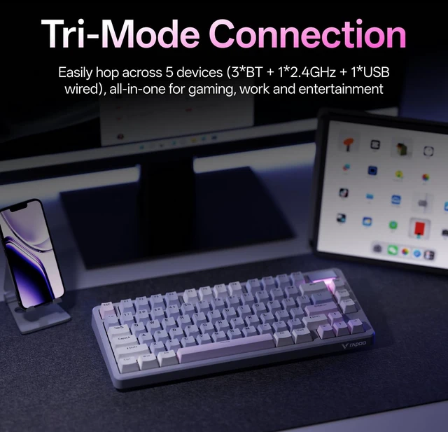 Alt view image 2 of 7 - Rapoo V700DIY-75 Wireless Mechanical Keyboard, BT5.0 + 2.4GHz, Hot Swappable Custom Gaming Keyboard, Speed Silver Linear Switch, 16.8M Per-Key RGB, Gasket Mount, Creamy Sound, Full NKRO Anti-Ghosting
