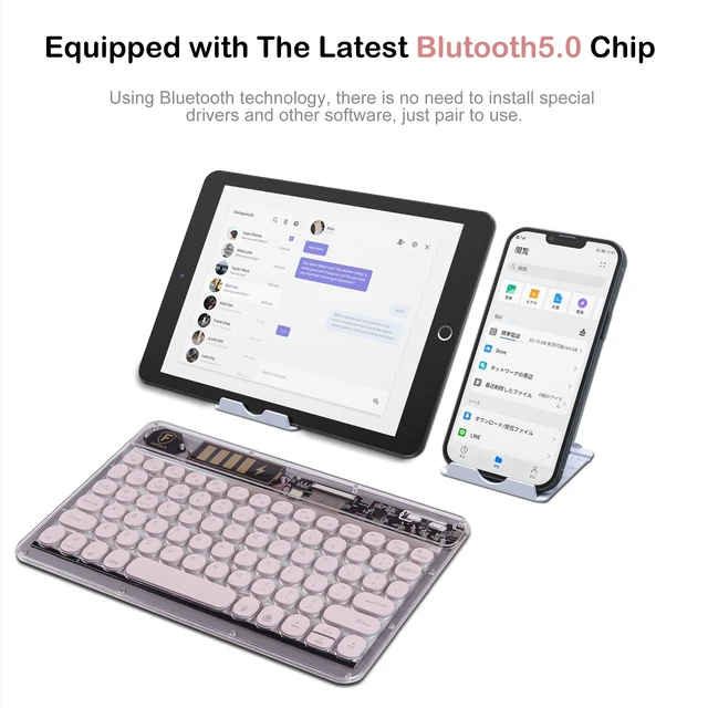 Alt view image 4 of 7 - Wireless Bluetooth Keyboard for ipad,7-Color RGB Backlit 10 Inch Round Keys Transparent Design,Ultra-Slim Rechargeable Wireless Bluetooth Keyboard for ipad 9th/8th Gen, ipad Pro/Air/Mini(Light Pink)