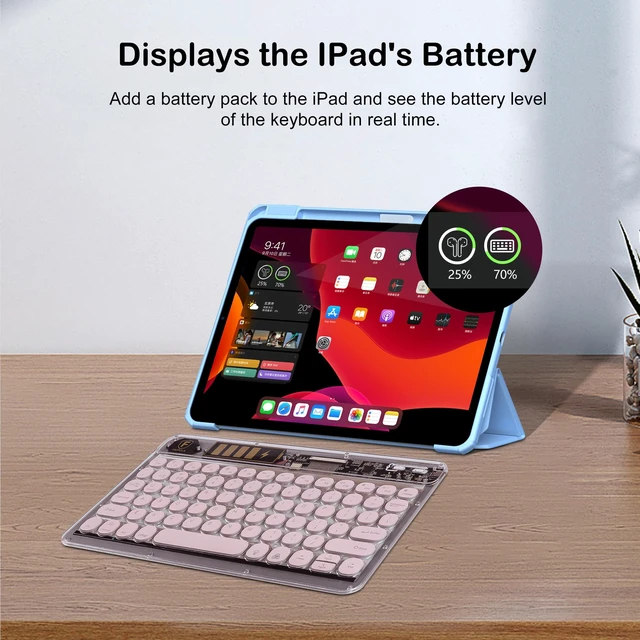 Alt view image 6 of 7 - Wireless Bluetooth Keyboard for ipad,7-Color RGB Backlit 10 Inch Round Keys Transparent Design,Ultra-Slim Rechargeable Wireless Bluetooth Keyboard for ipad 9th/8th Gen, ipad Pro/Air/Mini(Light Pink)