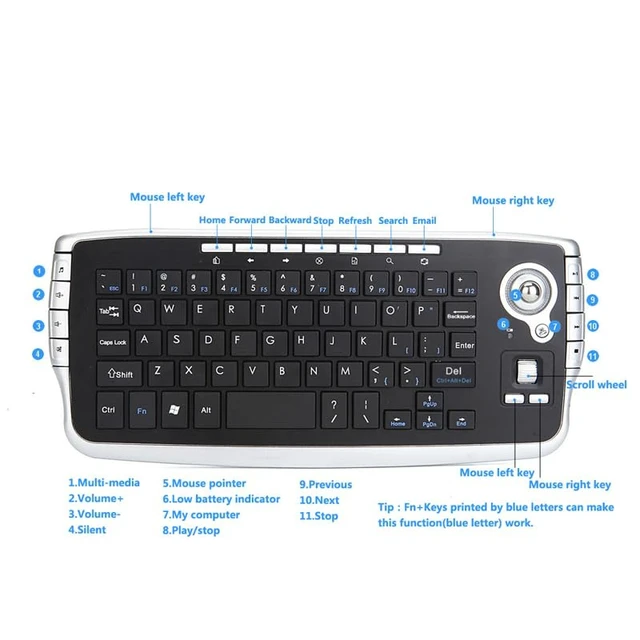 Alt view image 6 of 7 - Mini Ergonomic Keyboard Trackball Air Mouse Scroll Wheel Function 2.4G Wireless Keyboard with trackball Mouse Keyboartd Combo for Lapotp PC TV Remote Controller HTPC (Silver)