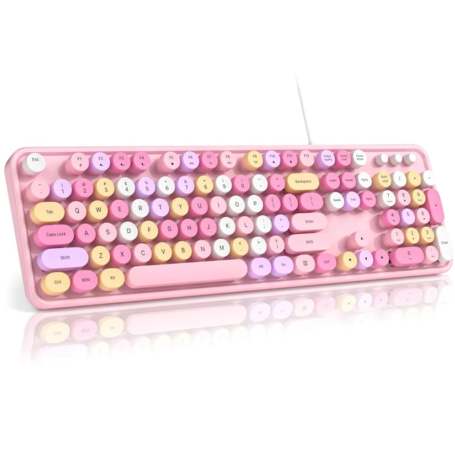 Main image of MOFII Computer Keyboard Wired,Round Key Retro Typewriter Keyboard Full Size | USB Plug and Play, for Laptop, PC, Desktop, Windows (Pink Colorful)
