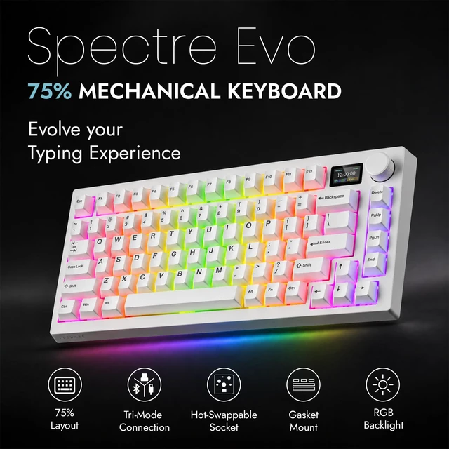 Alt view image 2 of 7 - TECWARE Spectre Evo 75 Mechanical Gaming Keyboard | Customizable LCD Screen Display & Knob | Tri-Mode Wireless Bluetooth 2.4GHz | Gasket Mount Hot Swappable | White, Linear Blue Switch