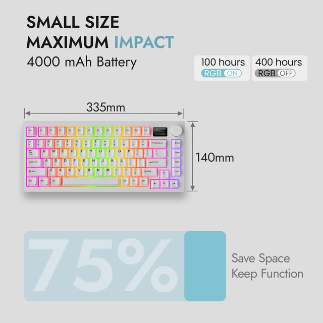 Alt view image 3 of 7 - TECWARE Spectre Evo 75 Mechanical Gaming Keyboard | Customizable LCD Screen Display & Knob | Tri-Mode Wireless Bluetooth 2.4GHz | Gasket Mount Hot Swappable | White, Linear Blue Switch