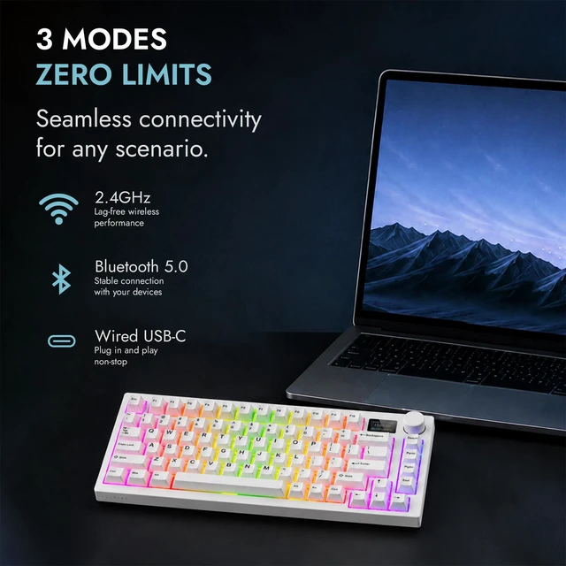 Alt view image 4 of 7 - TECWARE Spectre Evo 75 Mechanical Gaming Keyboard | Customizable LCD Screen Display & Knob | Tri-Mode Wireless Bluetooth 2.4GHz | Gasket Mount Hot Swappable | White, Linear Blue Switch