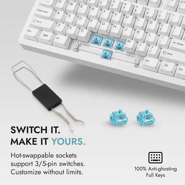 Alt view image 6 of 7 - TECWARE Spectre Evo 75 Mechanical Gaming Keyboard | Customizable LCD Screen Display & Knob | Tri-Mode Wireless Bluetooth 2.4GHz | Gasket Mount Hot Swappable | White, Linear Blue Switch