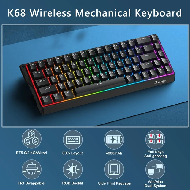 Alt view image 2 of 7 - BlueFinger 60% Wireless Mechanical Gaming Keyboard, Bluetooth/2.4G/USB-C Hot Swappable RGB Backlit Keyboard with Side-Printed PBT Keycaps, for MAC Xbox PC PS5 (Black)