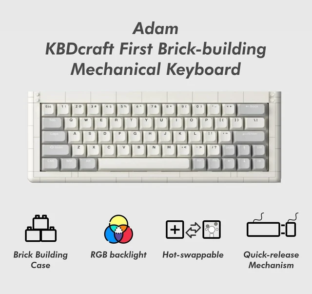 Alt view image 2 of 7 - KBDcraft 01Adam 60% Mechanical Keyboard, 64-Key ANSI, Lego-Compatible Case, Gasket Mount, Hot-swappable, Wired, Linear Switch, RGB, QMK, Vial for Win/Mac, Full Kit (Grey)