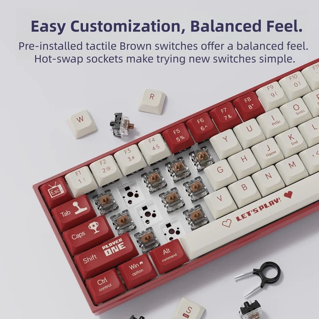 Alt view image 4 of 6 - AK680 Wired Compact Mechanical Keyboard, 68 Keys Red-White Layout, Hot-Swappable Tactile Brown Switch Gaming Keyboard with Multicolor Backlight, Eva Foam Dampening, for Gaming & Typing
