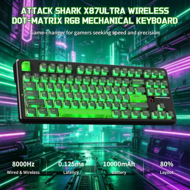 Alt view image 2 of 7 - ATTACK SHARK X87 Ultra Wireless Mechanical Keyboard,Shadow Jade | 8K Wireless Receiver, 10000mAh Battery, Dot-Matrix Screen, 16.8M RGB, Hot-Swappable, Programmable Keyboard for PC Gamer