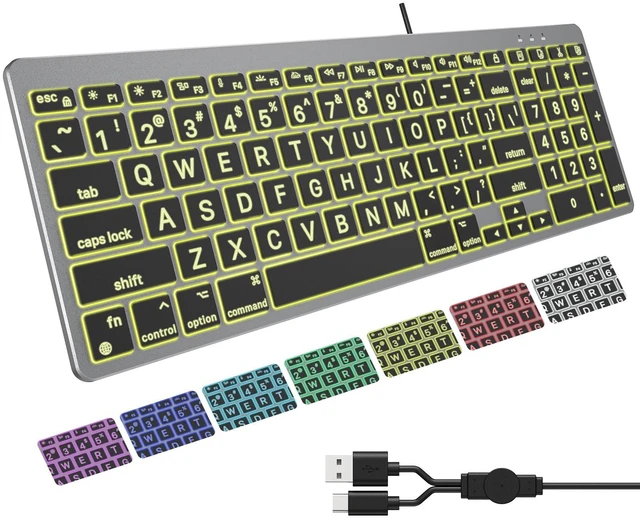 Main image of OMOTON Light Up Keyboard for Mac, Backlit Wired Keyboard with Extra Large Print, USB-C & USB-A Plug and Play for iMac Mac mini MacBook, Number Pad, 7 Colors & 4 Brightness Levels (Grey)