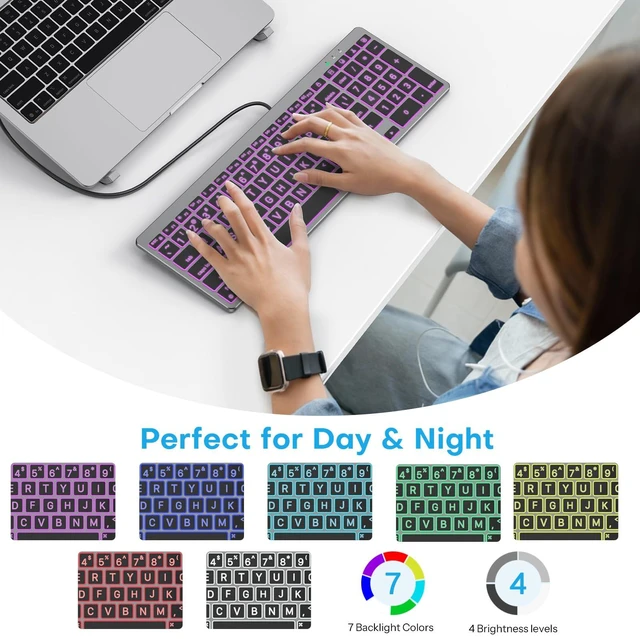 Alt view image 3 of 7 - OMOTON Light Up Keyboard for Mac, Backlit Wired Keyboard with Extra Large Print, USB-C & USB-A Plug and Play for iMac Mac mini MacBook, Number Pad, 7 Colors & 4 Brightness Levels (Grey)