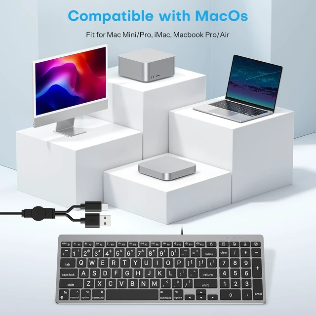Alt view image 6 of 7 - OMOTON Light Up Keyboard for Mac, Backlit Wired Keyboard with Extra Large Print, USB-C & USB-A Plug and Play for iMac Mac mini MacBook, Number Pad, 7 Colors & 4 Brightness Levels (Grey)