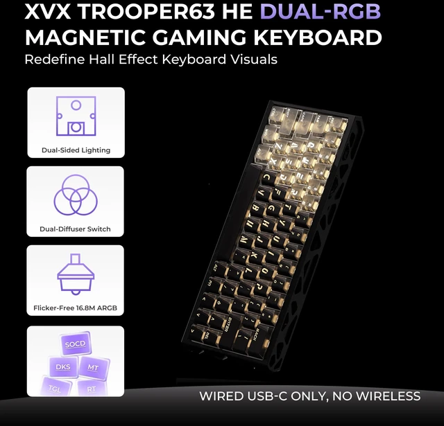 Alt view image 2 of 7 - XVX Trooper63 HE Hall Effect Keyboard,Dual RGB Aluminum Phantom Black | Hall effect magnetic switches, dual north-south RGB, CNC aluminum, 64 keys with arrows, hot-swap, wired only, matte black