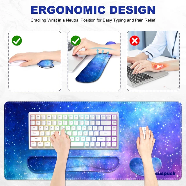 Alt view image 5 of 7 - Lauspuck Desk Mat, Gaming Mouse Pad Wrist Rest Support Combo, XXL Large Mousepad + Keyboard Wrist Support +Mouse Wrist Rest+Coaster Set with Ergonomic Design 4in1 for Home Office, Nebula Galaxy