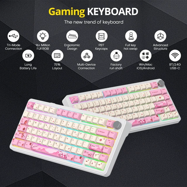 Alt view image 2 of 6 - EpikList 75% Wireless Creamy Mechanical Gaming Keyboard Tri-Mode | 2.4GHz/USB-C/Bluetooth, Gasket Mount, Volume Knob, Hot Swappable Linear Switches, Creamy Sound Keyboard for PC/Tablet/PS/Xbox