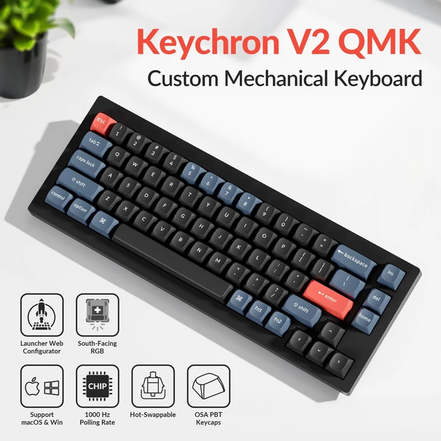 Alt view image 2 of 7 - Keychron V2 Wired Custom Mechanical Keyboard, 65% Layout QMK/VIA Programmable Macro with Hot-swappable K Pro Brown Switch Compatible with Mac Windows Linux (Carbon Black - Non-Transparent)