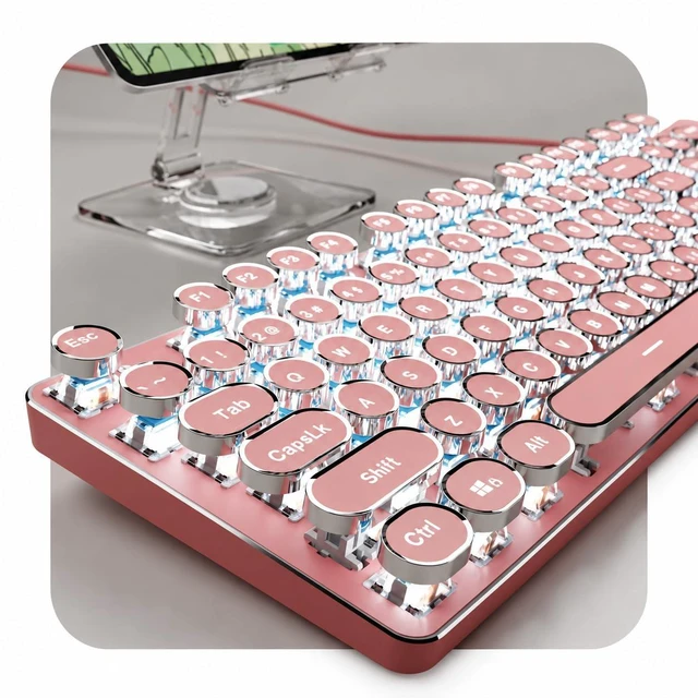 Main image of Wired Typewriter Style Mechanical Keyboard with White Backlit, Cute-Pink | Retro Punk Round Keycaps, Metal Panel, Clicky Blue Switch, 104 Keys Full Size Desk Setup for Windows PC, Mac, Desktop, Laptop
