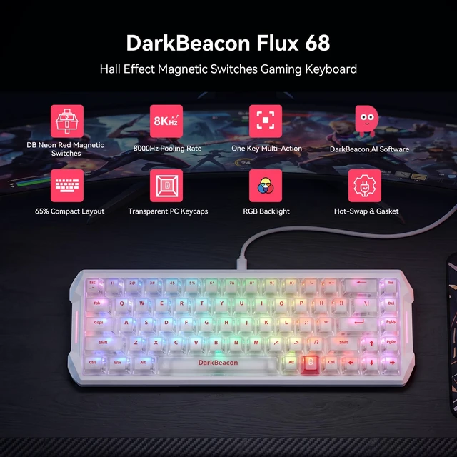 Alt view image 2 of 7 - DarkBeacon Flux 68 HE Mechanical Gaming Keyboard Rapid Trigger with Adjustable Actuation 0.01-3.5 mm, Hall Effect Magnetic Switch, 8000Hz Polling, RGB Backlit, 65% Wired Keyboard for PC(White)