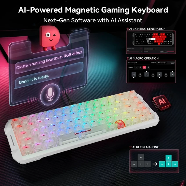 Alt view image 5 of 7 - DarkBeacon Flux 68 HE Mechanical Gaming Keyboard Rapid Trigger with Adjustable Actuation 0.01-3.5 mm, Hall Effect Magnetic Switch, 8000Hz Polling, RGB Backlit, 65% Wired Keyboard for PC(White)
