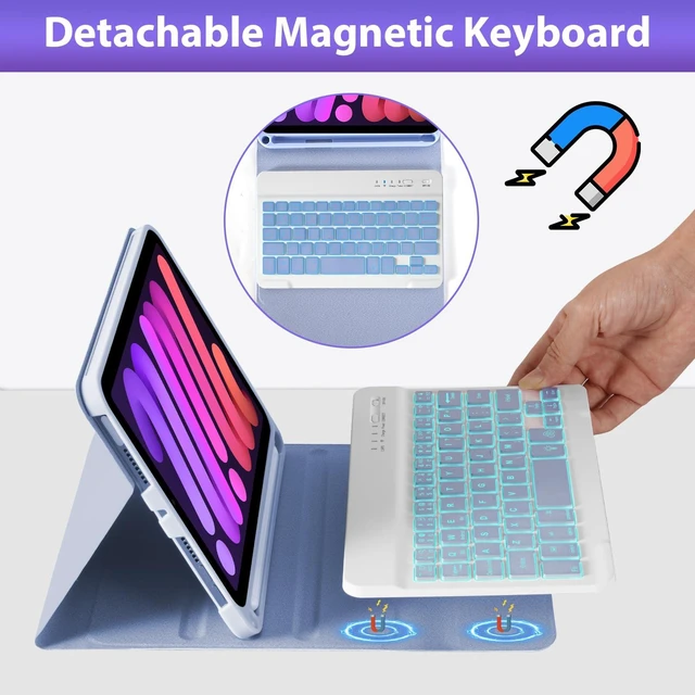 Alt view image 3 of 7 - Nsyee Keyboard Case for iPad mini 7 (A17 Pro) 2024 & Mini 6 2021, 8.3 Inch Tablet Keyboard Cases with Pencil Holder, Auto Sleep/Wake, Detachable Keyboard Cover for iPad mini 7th/6th Gen, Purple