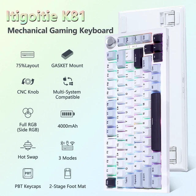 Alt view image 2 of 7 - Itigoitie 75% Wireless Gaming Mechanical Keyboard,TriMode 2.4G/USBC/BT5.3,4000mAh Hot Swappable Custom Keyboard,Linear Switch,Gasket Mounted,RGB Backlit,PBT Keycaps,CNC Knob for Mac/Win/Android/iOS