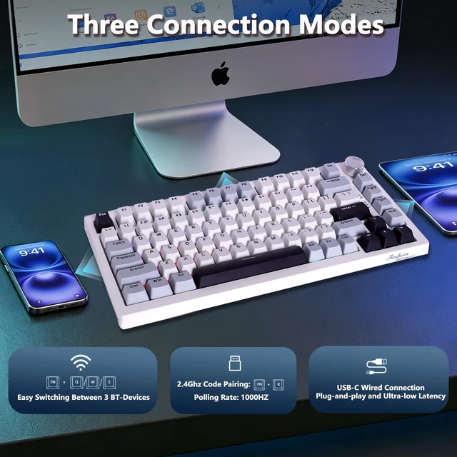 Alt view image 7 of 7 - Itigoitie 75% Wireless Gaming Mechanical Keyboard,TriMode 2.4G/USBC/BT5.3,4000mAh Hot Swappable Custom Keyboard,Linear Switch,Gasket Mounted,RGB Backlit,PBT Keycaps,CNC Knob for Mac/Win/Android/iOS