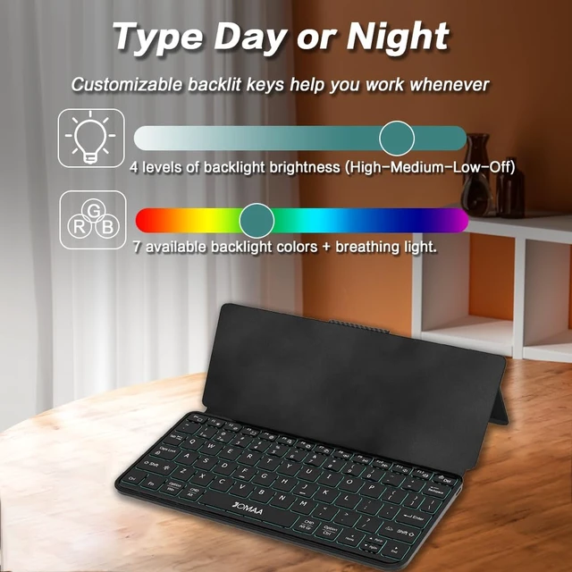 Alt view image 4 of 7 - JOMAA Bluetooth Travel Foldable Keyboard with Dual Device Pairing, RGB Backlit Keys, Long Battery Life Portable Keypad with Any-Angle Stand for Smartphones, Tablets, iOS,Android iPad, and Phones