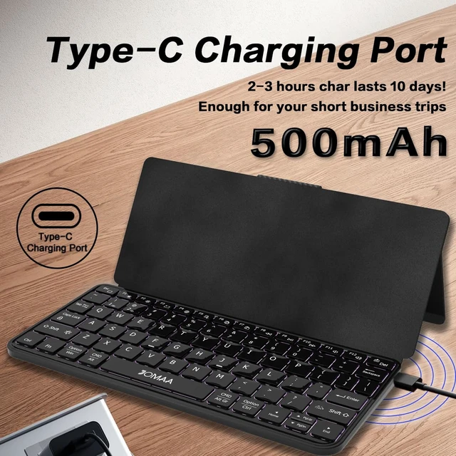 Alt view image 5 of 7 - JOMAA Bluetooth Travel Foldable Keyboard with Dual Device Pairing, RGB Backlit Keys, Long Battery Life Portable Keypad with Any-Angle Stand for Smartphones, Tablets, iOS,Android iPad, and Phones