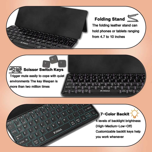 Alt view image 7 of 7 - JOMAA Bluetooth Travel Foldable Keyboard with Dual Device Pairing, RGB Backlit Keys, Long Battery Life Portable Keypad with Any-Angle Stand for Smartphones, Tablets, iOS,Android iPad, and Phones