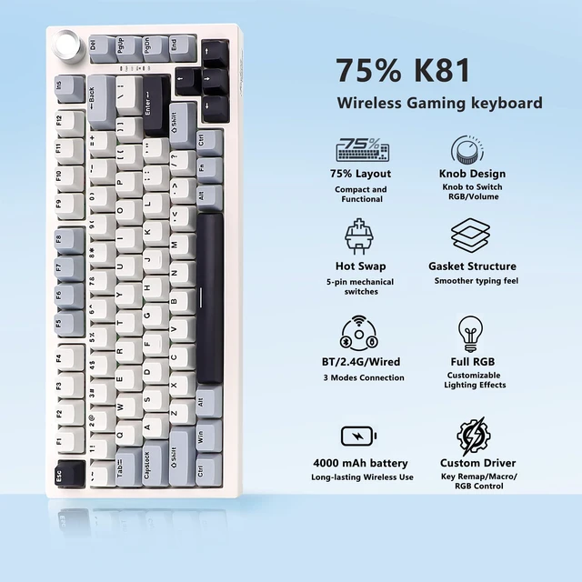 Alt view image 2 of 7 - Adventurers 75% Wireless Mechanical Keyboard, Hot-Swappable Gaming Keyboard with Five-Layer Padding and Knob,4000mAh,2.4GHz/USB-C/BT5.0,RGB Backlight (White and Blue)