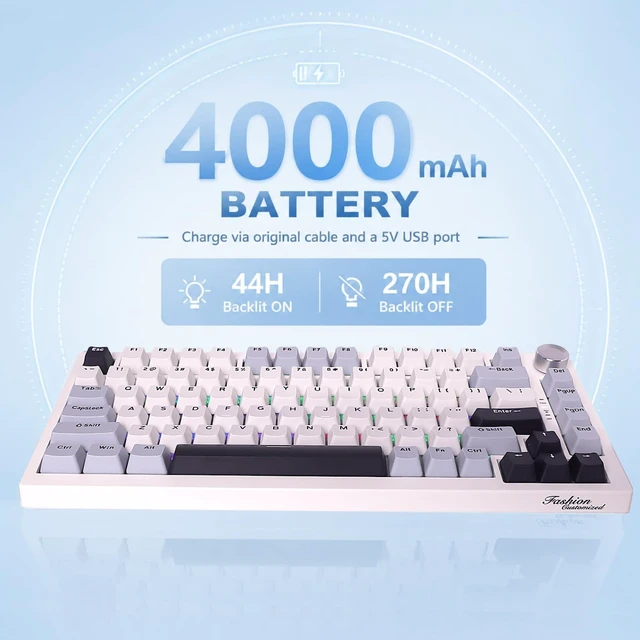 Alt view image 5 of 7 - Adventurers 75% Wireless Mechanical Keyboard, Hot-Swappable Gaming Keyboard with Five-Layer Padding and Knob,4000mAh,2.4GHz/USB-C/BT5.0,RGB Backlight (White and Blue)