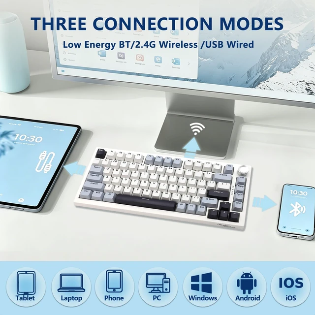 Alt view image 3 of 7 - Adventurers 75% Wireless Mechanical Keyboard, Hot-Swappable Gaming Keyboard with Five-Layer Padding and Knob,4000mAh,2.4GHz/USB-C/BT5.0,RGB Backlight (White and Blue)