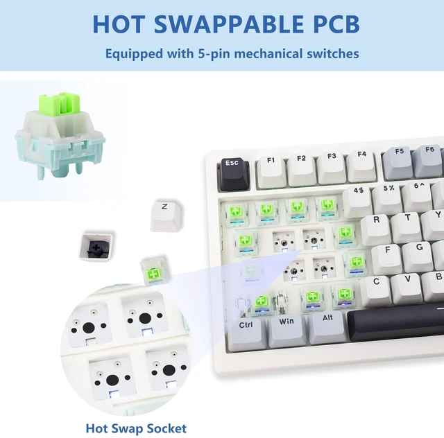 Alt view image 7 of 7 - Adventurers 75% Wireless Mechanical Keyboard, Hot-Swappable Gaming Keyboard with Five-Layer Padding and Knob,4000mAh,2.4GHz/USB-C/BT5.0,RGB Backlight (White and Blue)