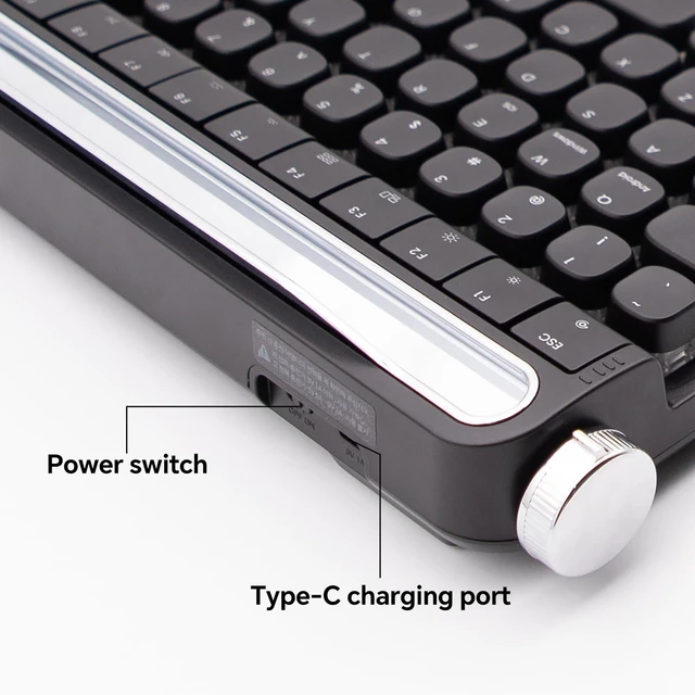 Alt view image 5 of 7 - Retro Typewriter Mechanical Keyboard with Tablet Stand, 100 Keys LED Backlit, ABS+PBT Keycaps, Wired/Bluetooth, Blue Switch, Compatible with Windows/Mac/iOS/Android (Black)