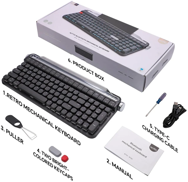 Alt view image 7 of 7 - Retro Typewriter Mechanical Keyboard with Tablet Stand, 100 Keys LED Backlit, ABS+PBT Keycaps, Wired/Bluetooth, Blue Switch, Compatible with Windows/Mac/iOS/Android (Black)