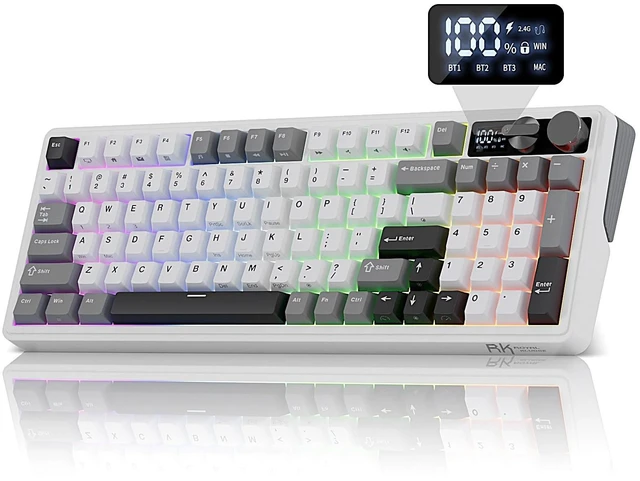 Main image of ROYAL KLUDGE M100 Wireless Mechanical Keyboard with Screen & Knob, White | Bluetooth/2.4G/USB RGB Gaming Keyboard with Number Pad, Hot Swappable Gasket Mount for Win/Mac/PC, PBT Keycaps, Cream Switch