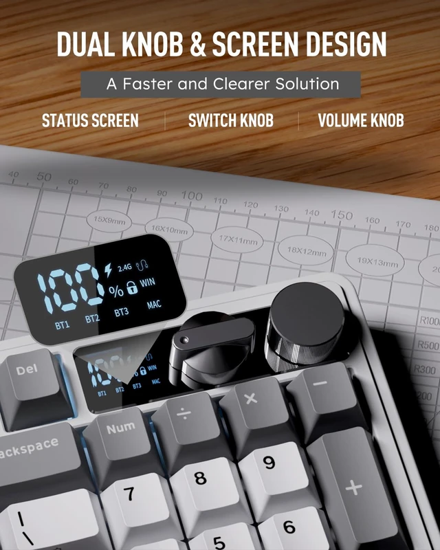 Alt view image 3 of 7 - ROYAL KLUDGE M100 Wireless Mechanical Keyboard with Screen & Knob, White | Bluetooth/2.4G/USB RGB Gaming Keyboard with Number Pad, Hot Swappable Gasket Mount for Win/Mac/PC, PBT Keycaps, Cream Switch