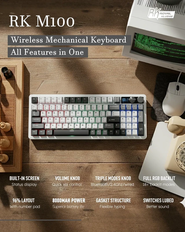 Alt view image 2 of 7 - ROYAL KLUDGE M100 Wireless Mechanical Keyboard with Screen & Knob, White | Bluetooth/2.4G/USB RGB Gaming Keyboard with Number Pad, Hot Swappable Gasket Mount for Win/Mac/PC, PBT Keycaps, Cream Switch