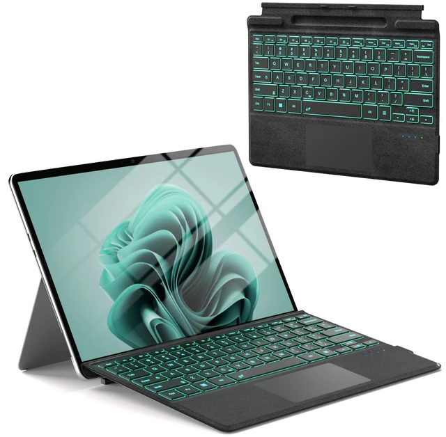 Main image of Surface Pro Keyboard for Microsoft Surface Pro 13/11/10/9/8/X Bluetooth | 7 Color Backlit, Multi-Touch Trackpad, Wireless Type Cover, Pen Holder, Magnetic USB-C Rechargeable Slim Keyboard, Black