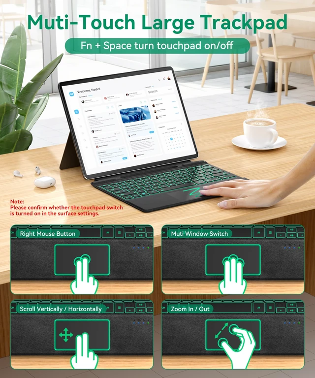 Alt view image 5 of 7 - Surface Pro Keyboard for Microsoft Surface Pro 13/11/10/9/8/X Bluetooth | 7 Color Backlit, Multi-Touch Trackpad, Wireless Type Cover, Pen Holder, Magnetic USB-C Rechargeable Slim Keyboard, Black