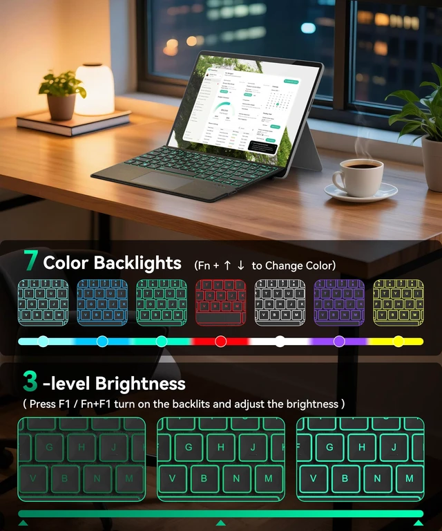 Alt view image 6 of 7 - Surface Pro Keyboard for Microsoft Surface Pro 13/11/10/9/8/X Bluetooth | 7 Color Backlit, Multi-Touch Trackpad, Wireless Type Cover, Pen Holder, Magnetic USB-C Rechargeable Slim Keyboard, Black