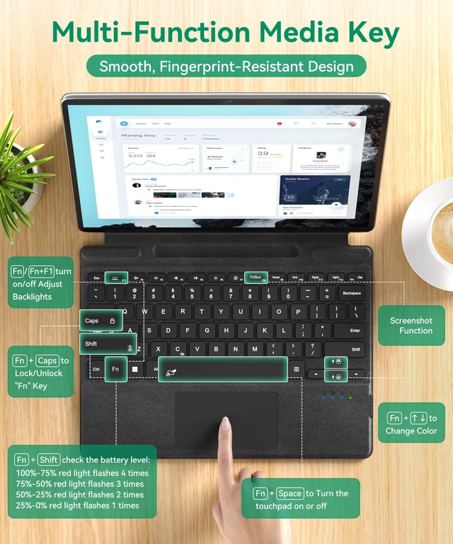 Alt view image 7 of 7 - Surface Pro Keyboard for Microsoft Surface Pro 13/11/10/9/8/X Bluetooth | 7 Color Backlit, Multi-Touch Trackpad, Wireless Type Cover, Pen Holder, Magnetic USB-C Rechargeable Slim Keyboard, Black
