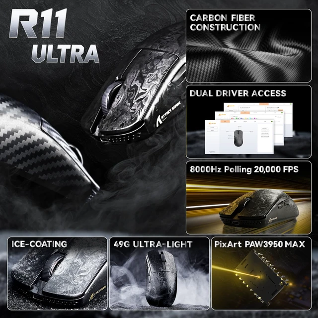 Alt view image 5 of 6 - ATTACK SHARK R11 Ultra 8K Carbon Fiber Wireless Gaming Mouse,PAW3950MAX 42K DPI Sensor,49g Superlight Ergonomic Computer Mice with Tri-Mode,70M Switch Cloud Driver for Win/Mac/PC Gamer,Ink Blade&Tape